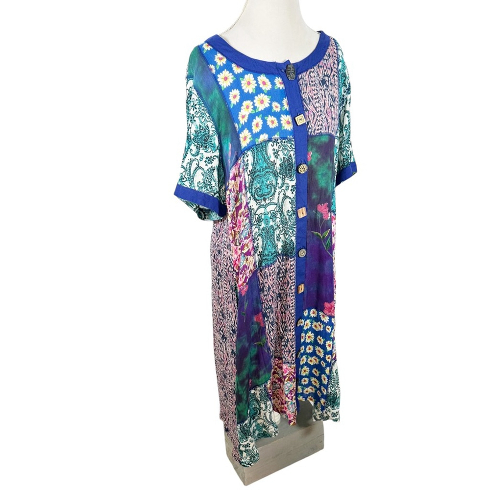 La Cera Button Dress Patchwork Boho Ethnic Midi Pockets Cottage Whimsy Size XL - Picture 4 of 10